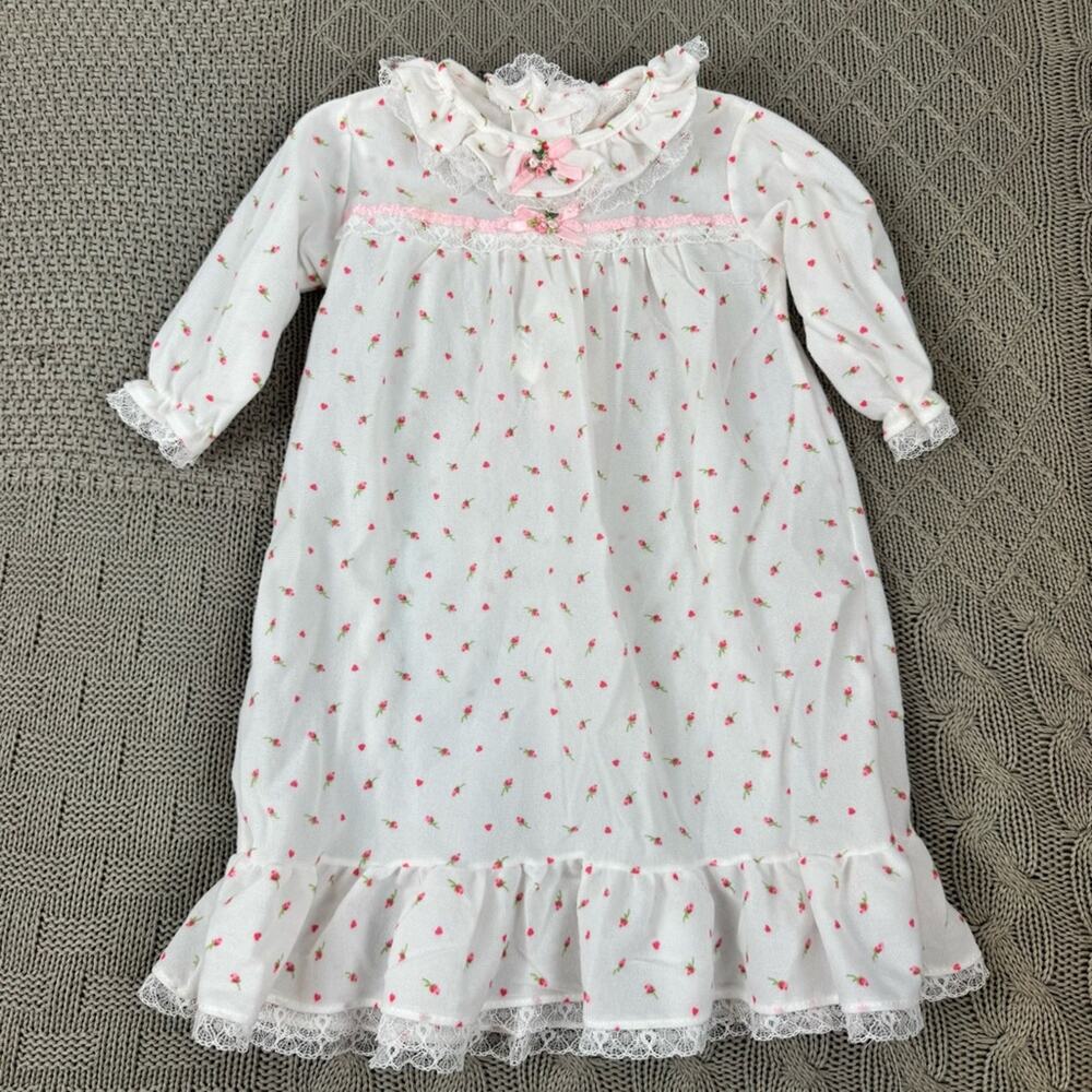 Alexis Vintage White and Pink Rosette Girls Nightgown 90s 80s ~ 13-18lbs